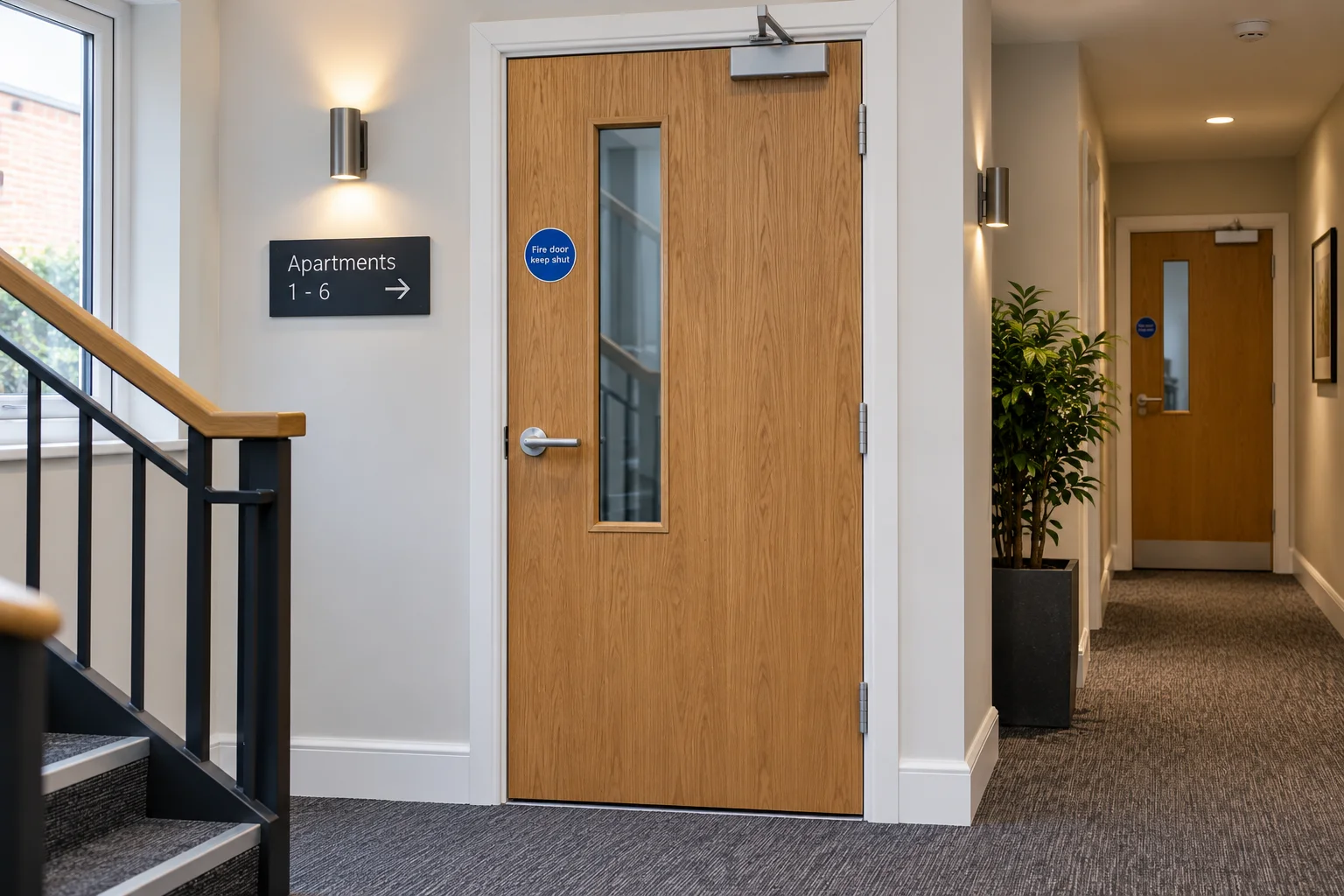 Certified FD30 fire door fitted in a residential block corridor