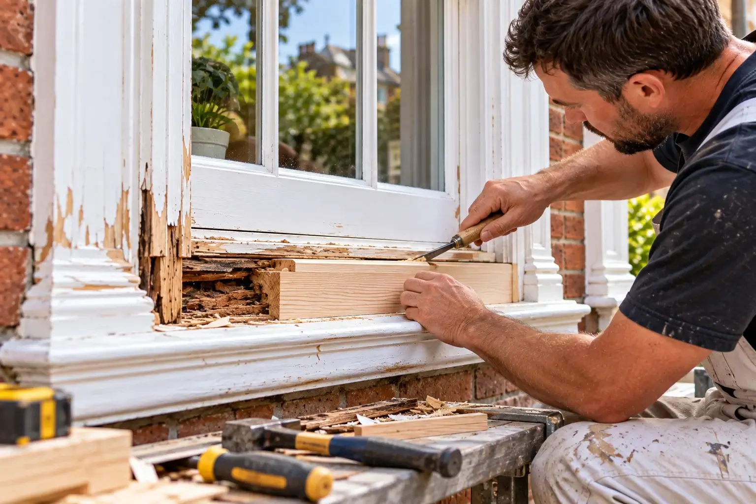 Rotten window sill repaired with a new timber section before painting