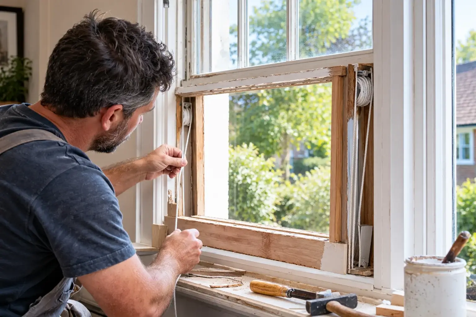 Sash window being overhauled with new cords and repaired timber